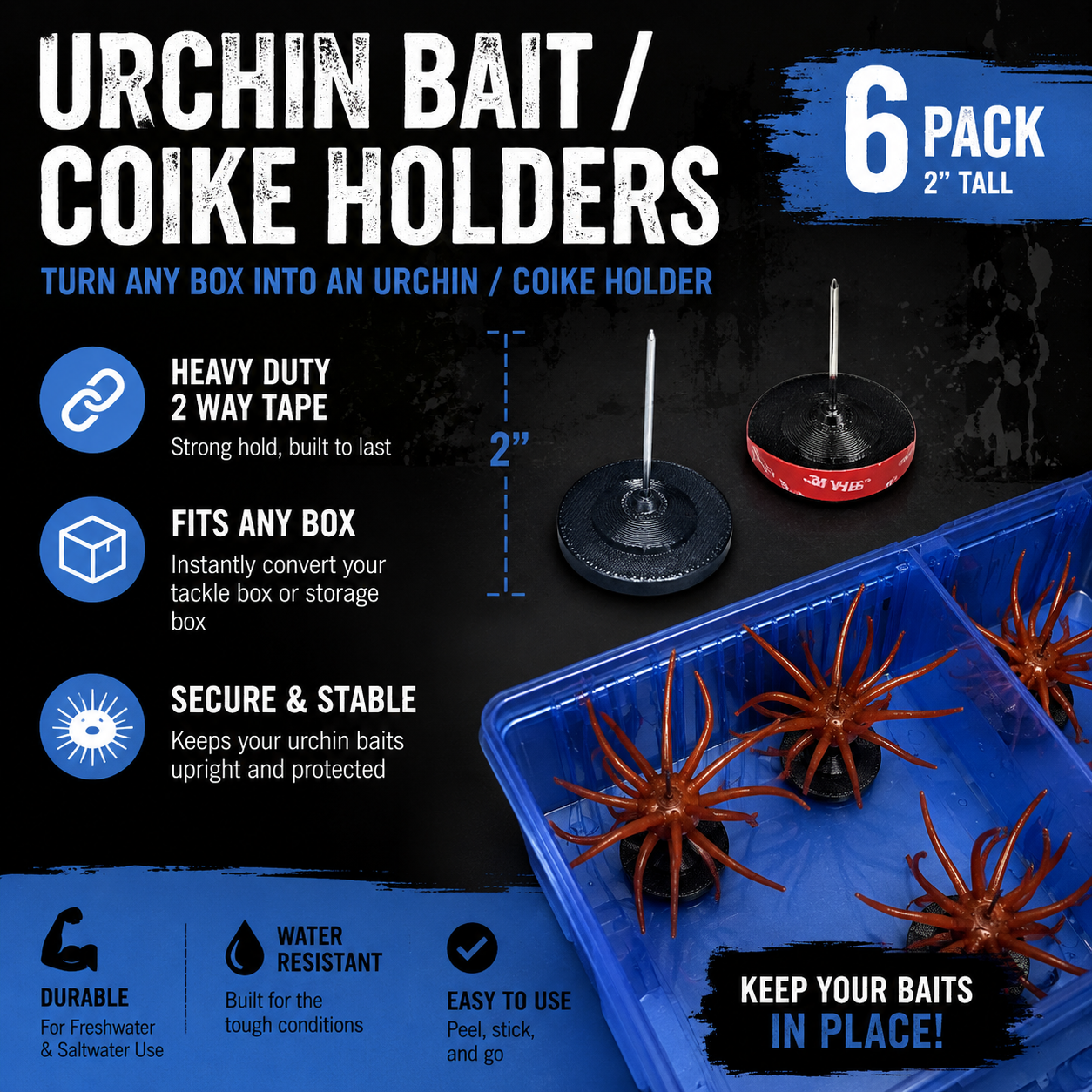 Urchin Bait Holder 6 Pack | Coike Storage Organizer | Vertical Tackle Box Bait Storage Inserts