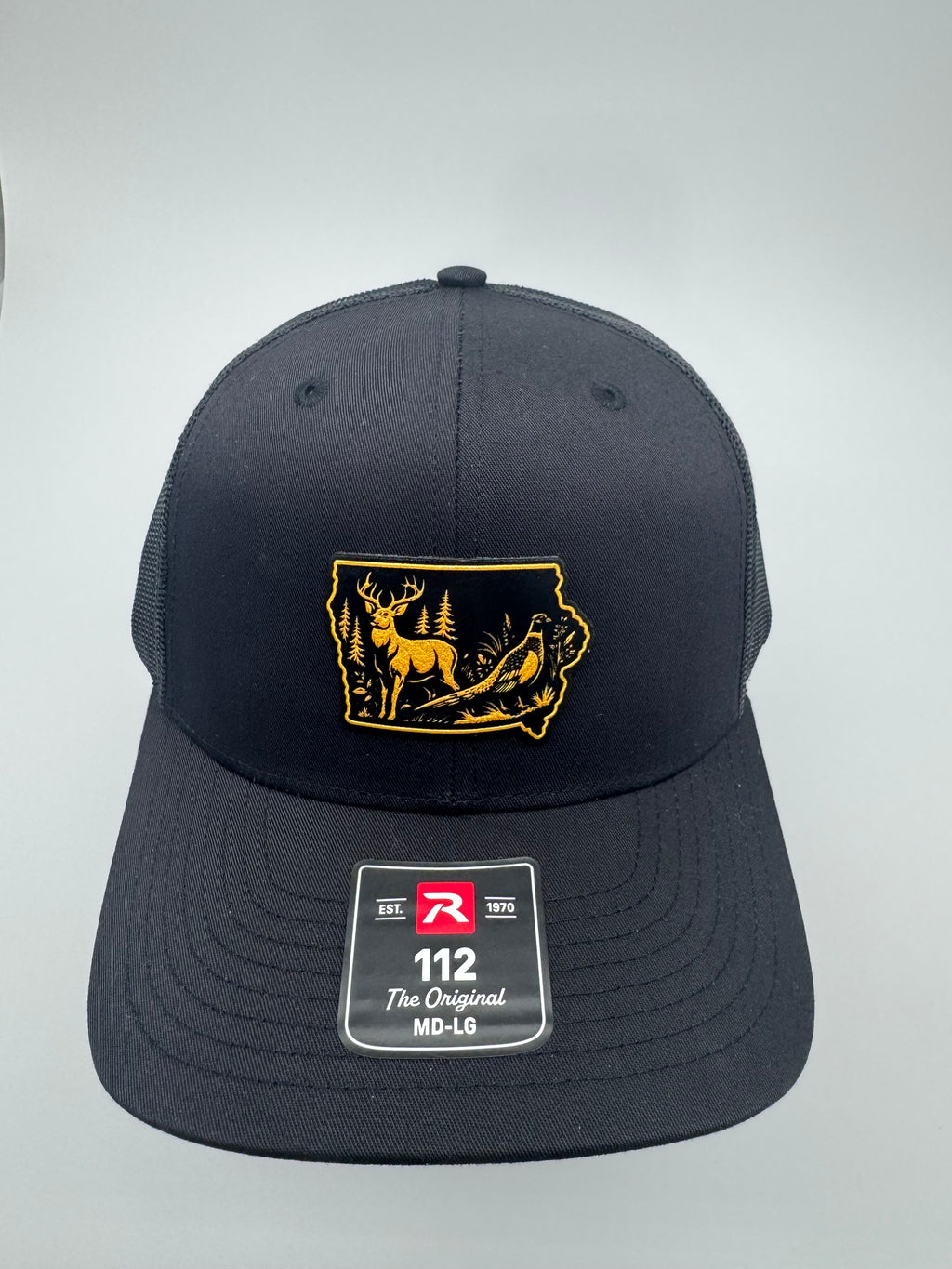 Iowa Hunting Hat | Richardson 112 Black Trucker Hat | Deer and Pheasant Hunting Patch | Iowa Outdoors Gift | Hunter Hat